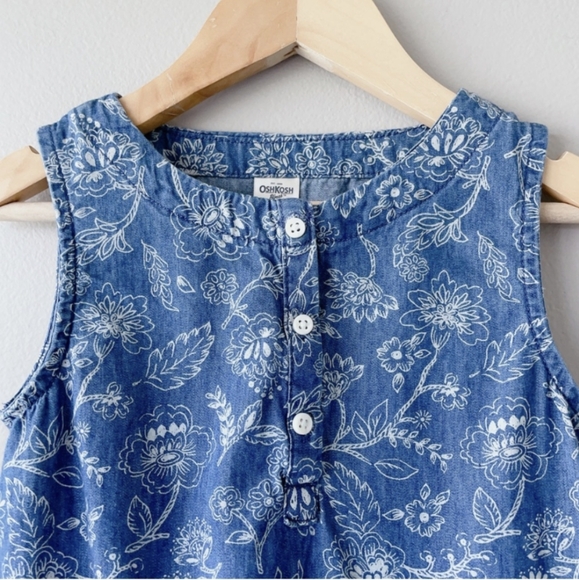 4/$15 OshGosh Chambray 5T girls shirts sleeveless peplum ruffle floral print top - Picture 2 of 4